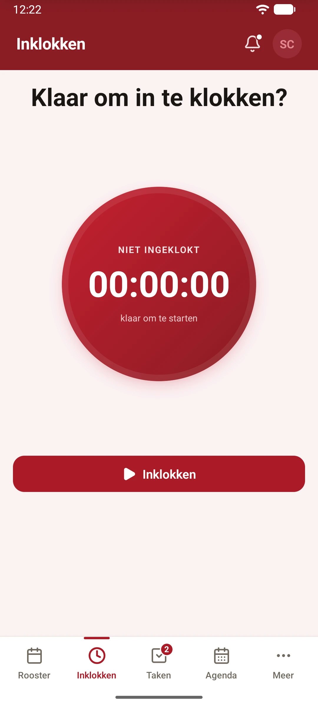 Het Inklokken-scherm van de StaffPro Employee-app